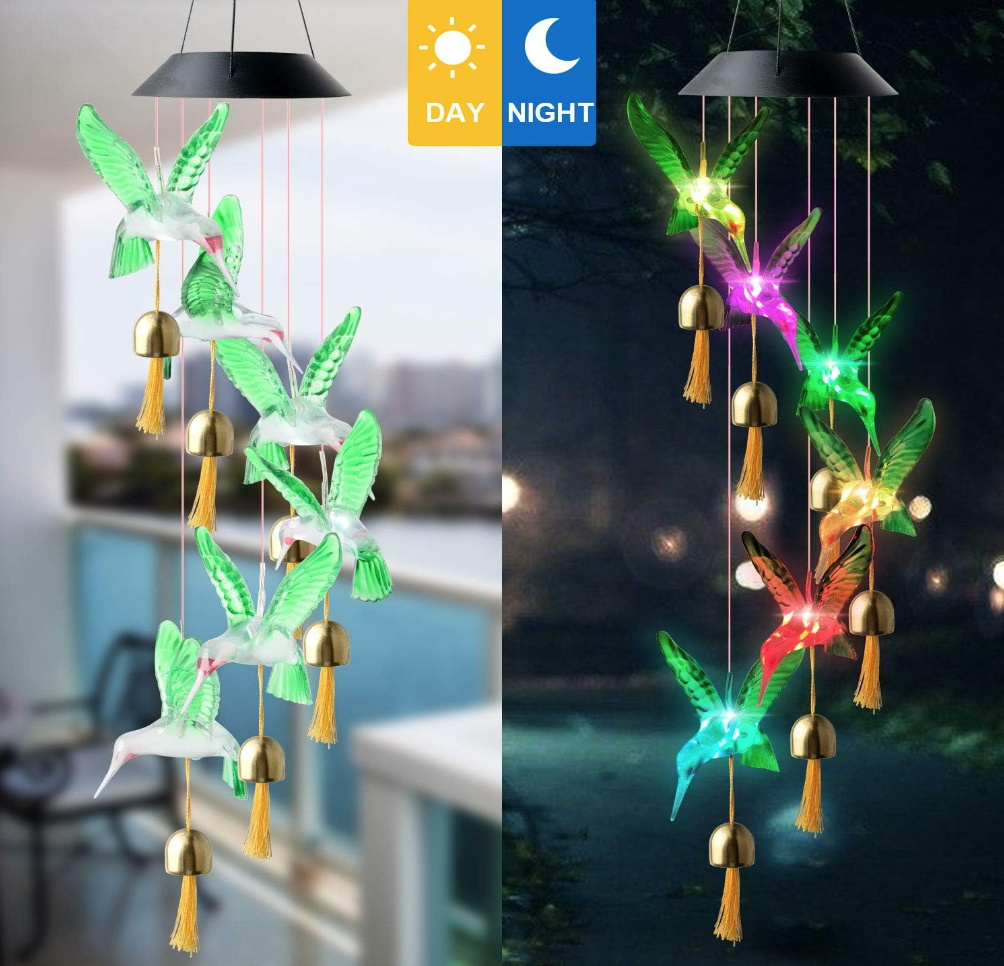 Hummingbird solar wind chimes during day and night