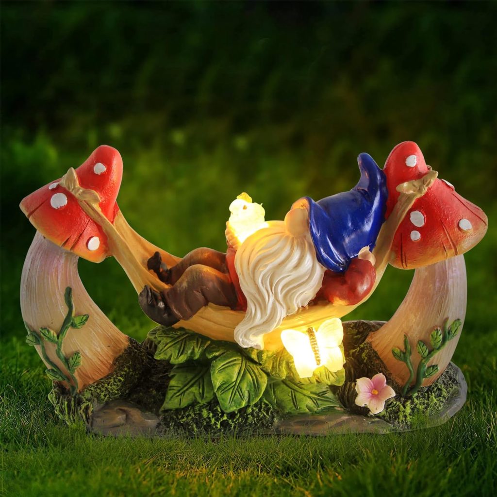 Gnome hanging between 2 mushrooms